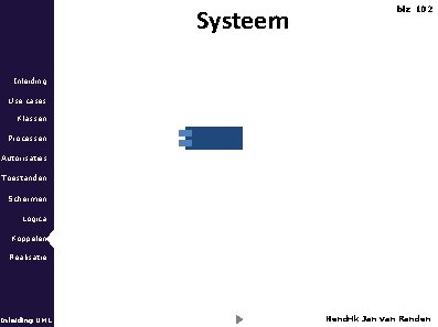 Systeem blz 102 Inleiding Use cases Klassen Processen Autorisaties Toestanden Schermen Logica Koppelen Realisatie