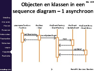 Objecten en klassen in een sequence diagram – 1 asynchroon blz 108 Inleiding Use