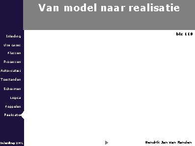 Van model naar realisatie Inleiding blz 118 Use cases Klassen Processen Autorisaties Toestanden Schermen