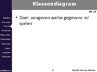 Klassendiagram blz 18 Inleiding Use cases Klassen • Doel: aangeven welke gegevens rol spelen