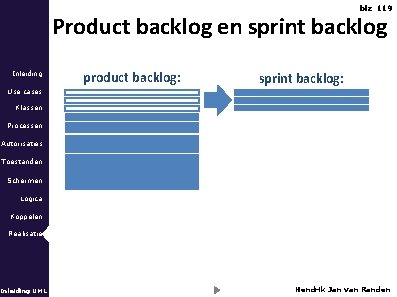 blz 119 Product backlog en sprint backlog Inleiding Use cases product backlog: sprint backlog: