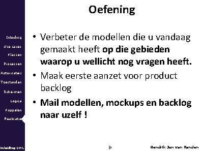 Oefening Inleiding Use cases Klassen Processen Autorisaties Toestanden Schermen Logica Koppelen Realisatie Inleiding UML