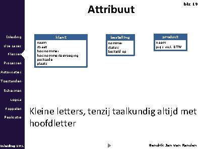 Attribuut Inleiding Use cases Klassen Processen klant naam straat huisnummertoevoeging postcode plaats bestelling nummer