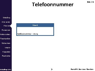 Telefoonnummer blz 21 Inleiding Use cases Klassen klant Processen Autorisaties telefoonnummer : string Toestanden