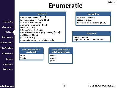 Enumeratie persoon Inleiding Use cases Klassen Processen blz 22 bestelling voornaam : string [0.