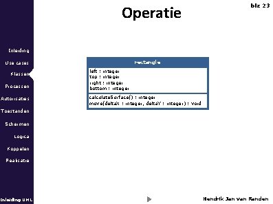 Operatie blz 23 Inleiding rectangle Use cases Klassen Processen Autorisaties left : integer top