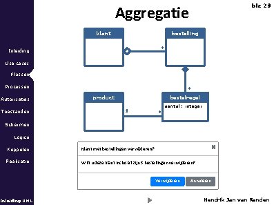 Aggregatie klant blz 28 bestelling * Inleiding Use cases Klassen Processen Autorisaties Toestanden *