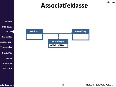 Associatieklasse blz 29 Inleiding Use cases Klassen product * * bestelling Processen Autorisaties bestelregel