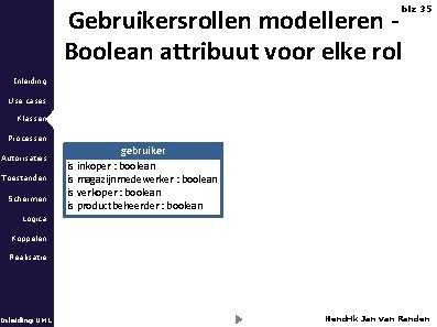 Gebruikersrollen modelleren Boolean attribuut voor elke rol blz 35 Inleiding Use cases Klassen Processen