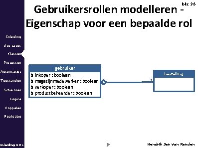 Gebruikersrollen modelleren Eigenschap voor een bepaalde rol blz 36 Inleiding Use cases Klassen Processen