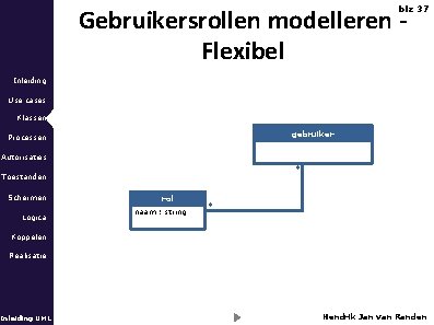 Gebruikersrollen modelleren Flexibel blz 37 Inleiding Use cases Klassen gebruiker Processen Autorisaties * Toestanden