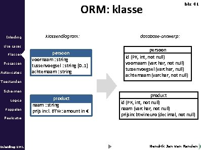 ORM: klasse Inleiding klassendiagram: Use cases Klassen Processen Autorisaties blz 41 database-ontwerp: persoon voornaam
