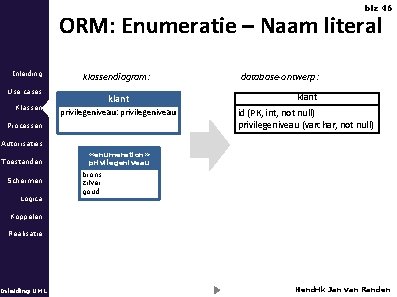 blz 46 ORM: Enumeratie – Naam literal Inleiding klassendiagram: Use cases Klassen database-ontwerp: klant
