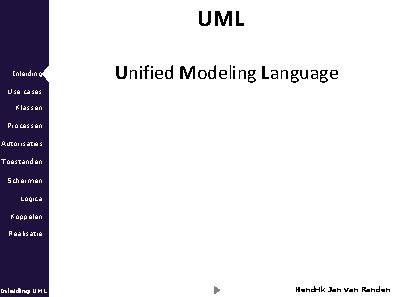 UML Inleiding Unified Modeling Language Use cases Klassen Processen Autorisaties Toestanden Schermen Logica Koppelen