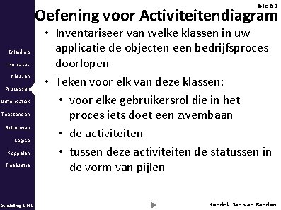 blz 69 Oefening voor Activiteitendiagram Inleiding Use cases Klassen Processen Autorisaties Toestanden Schermen Logica