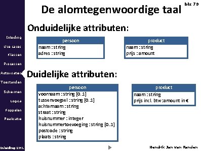 De alomtegenwoordige taal blz 70 Onduidelijke attributen: Inleiding Use cases Klassen persoon naam :