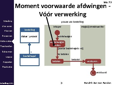 blz 73 Moment voorwaarde afdwingen Vóór verwerking Inleiding proces van bestelling: Use cases Klassen