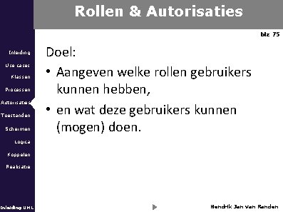 Rollen & Autorisaties blz 75 Inleiding Use cases Klassen Processen Autorisaties Toestanden Schermen Doel: