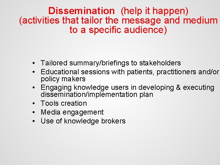 Dissemination (help it happen) (activities that tailor the message and medium to a specific