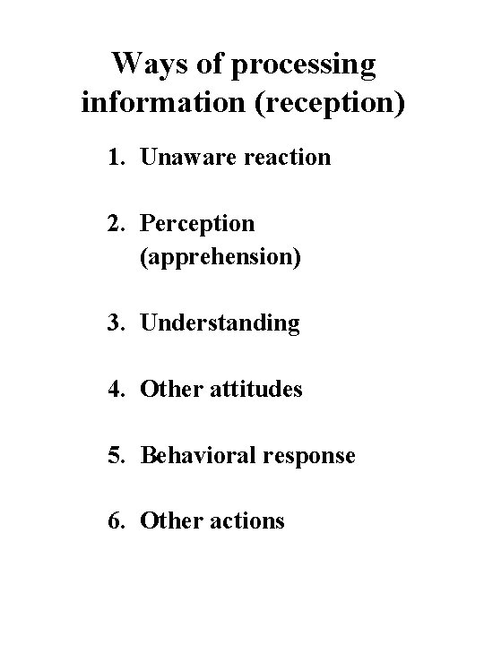Ways of processing information (reception) 1. Unaware reaction 2. Perception (apprehension) 3. Understanding 4.