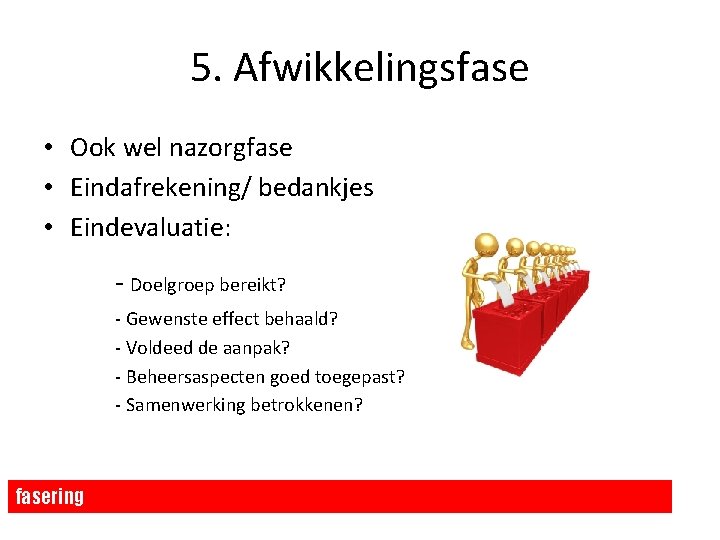 5. Afwikkelingsfase • Ook wel nazorgfase • Eindafrekening/ bedankjes • Eindevaluatie: - Doelgroep bereikt? 5. Afwikkelingsfase • Ook wel nazorgfase • Eindafrekening/ bedankjes • Eindevaluatie: - Doelgroep bereikt?