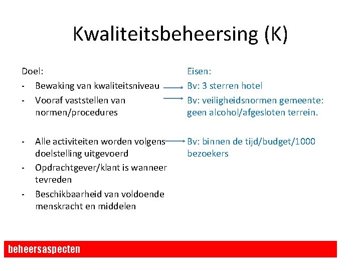 Kwaliteitsbeheersing (K) Doel: - Bewaking van kwaliteitsniveau - Vooraf vaststellen van normen/procedures Eisen: Bv: Kwaliteitsbeheersing (K) Doel: - Bewaking van kwaliteitsniveau - Vooraf vaststellen van normen/procedures Eisen: Bv:
