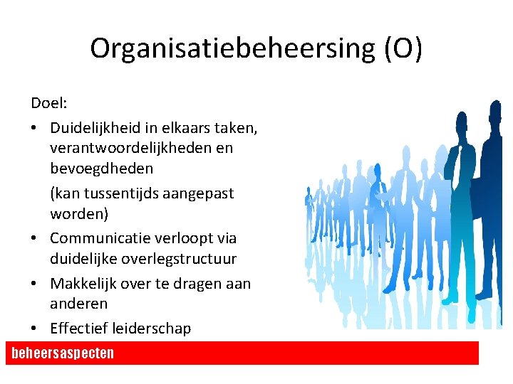Organisatiebeheersing (O) Doel: • Duidelijkheid in elkaars taken, verantwoordelijkheden en bevoegdheden (kan tussentijds aangepast Organisatiebeheersing (O) Doel: • Duidelijkheid in elkaars taken, verantwoordelijkheden en bevoegdheden (kan tussentijds aangepast