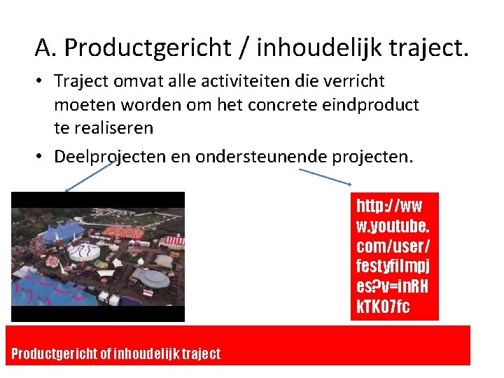 A. Productgericht / inhoudelijk traject. • Traject omvat alle activiteiten die verricht moeten worden A. Productgericht / inhoudelijk traject. • Traject omvat alle activiteiten die verricht moeten worden