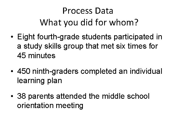 Process Data What you did for whom? • Eight fourth-grade students participated in a