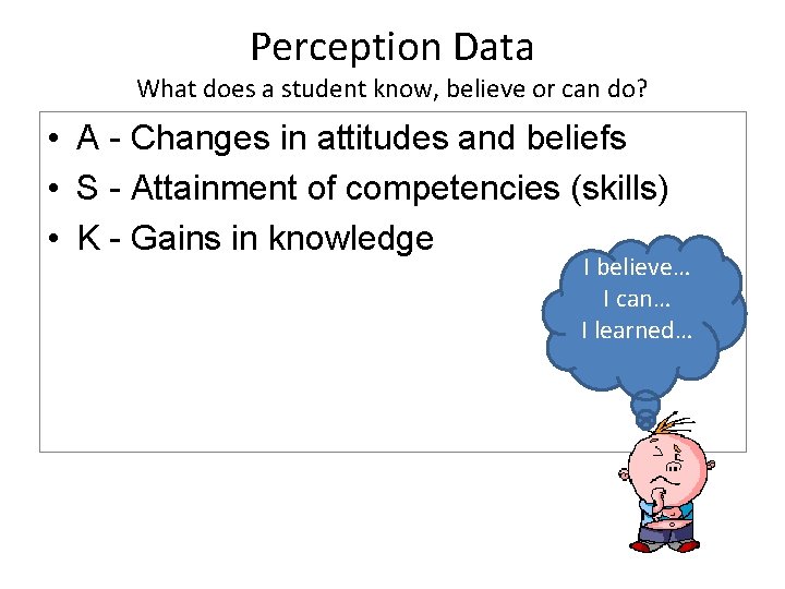 Perception Data What does a student know, believe or can do? • A -