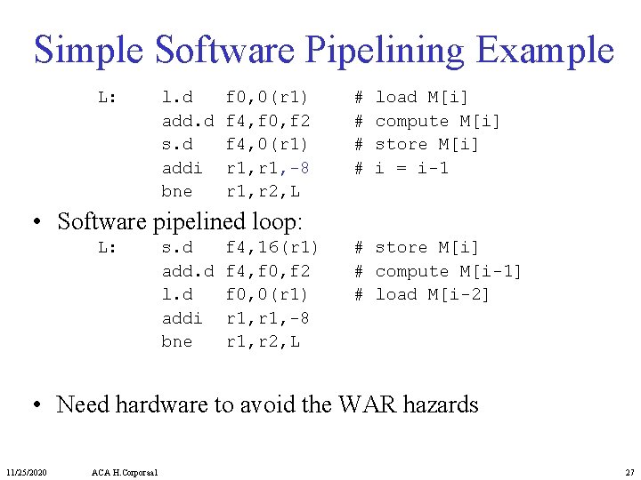 Simple Software Pipelining Example L: l. d add. d s. d addi bne f
