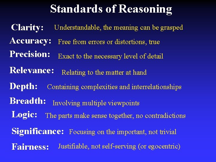 Standards of Reasoning Clarity: Accuracy: Precision: Relevance: Depth: Understandable, the meaning can be grasped