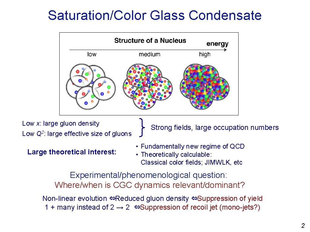 Saturation/Color Glass Condensate Low x: large gluon density Low Q 2: large effective size