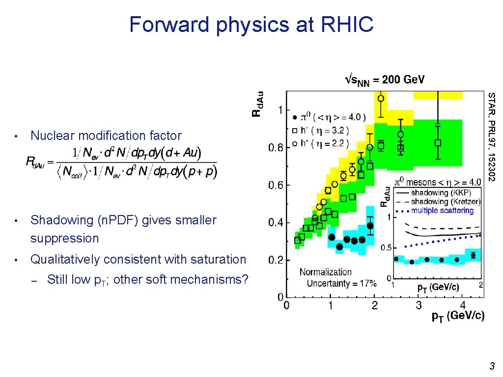 Forward physics at RHIC Nuclear modification factor • Shadowing (n. PDF) gives smaller suppression