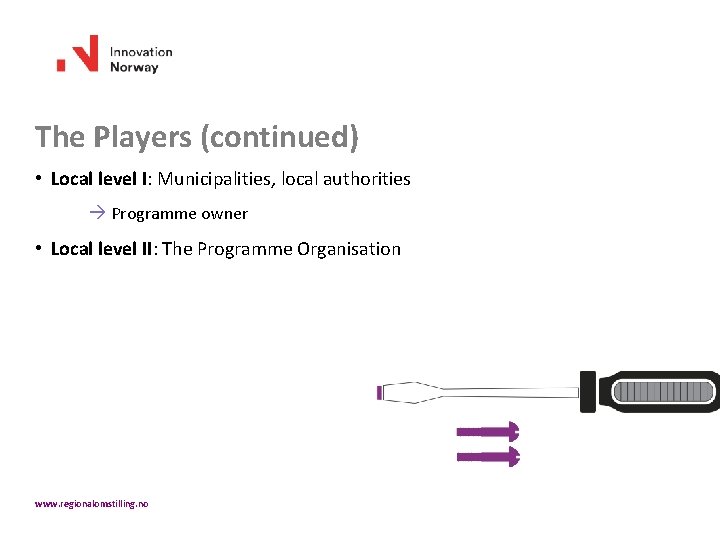 The Players (continued) • Local level I: Municipalities, local authorities Programme owner • Local