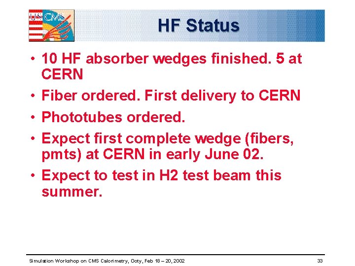 HF Status • 10 HF absorber wedges finished. 5 at CERN • Fiber ordered.