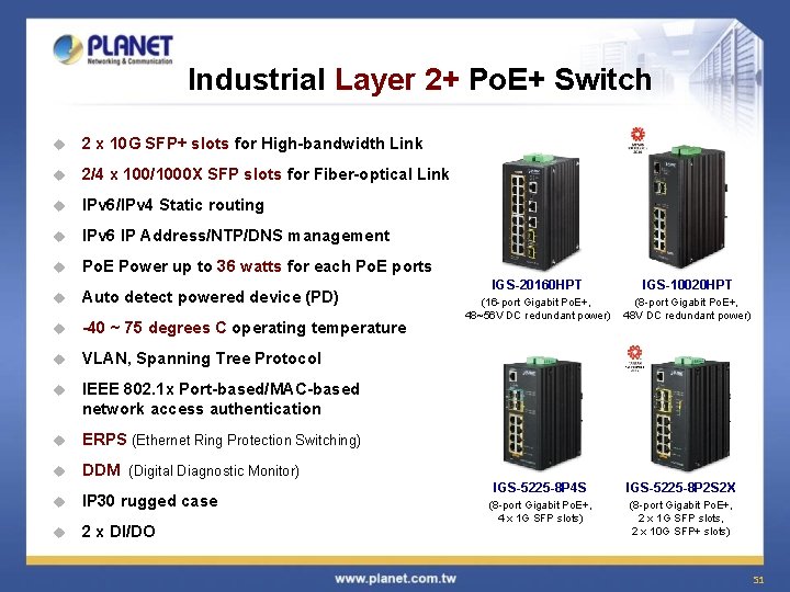 Industrial Layer 2+ Po. E+ Switch u 2 x 10 G SFP+ slots for