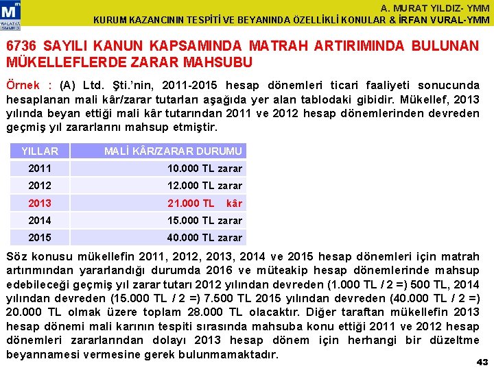 A. MURAT YILDIZ- YMM KURUM KAZANCININ TESPİTİ VE BEYANINDA ÖZELLİKLİ KONULAR & İRFAN VURAL-YMM