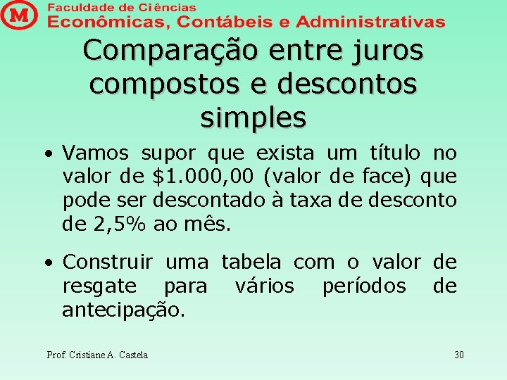 Comparação entre juros compostos e descontos simples • Vamos supor que exista um título