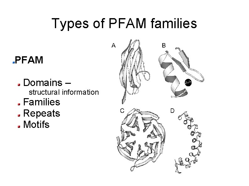 Types of PFAM families PFAM Domains – structural information Families Repeats Motifs 