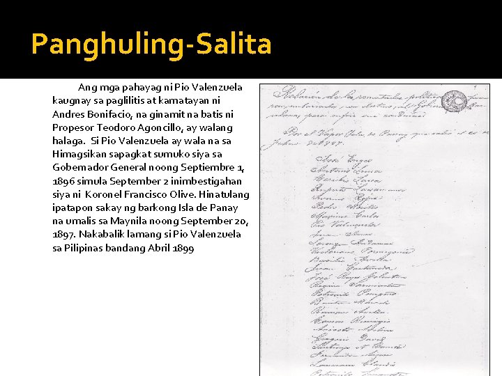 Panghuling-Salita Ang mga pahayag ni Pio Valenzuela kaugnay sa paglilitis at kamatayan ni Andres