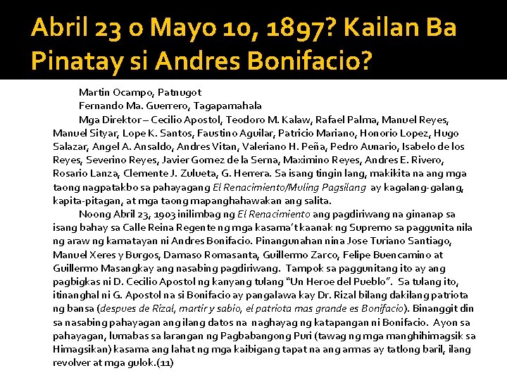 Abril 23 o Mayo 10, 1897? Kailan Ba Pinatay si Andres Bonifacio? Martin Ocampo,