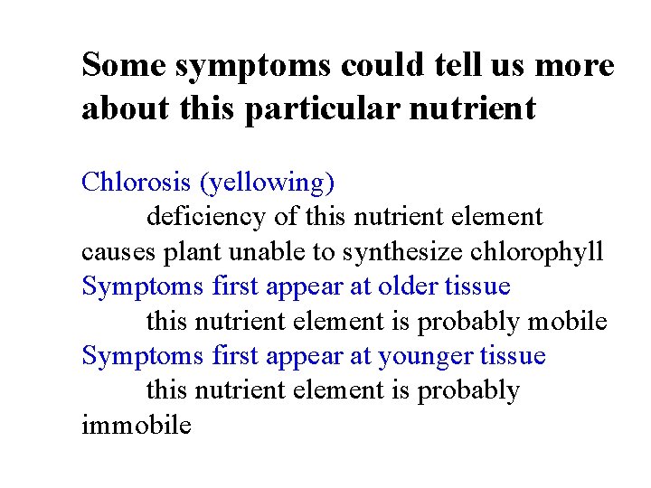 Some symptoms could tell us more about this particular nutrient Chlorosis (yellowing) deficiency of Some symptoms could tell us more about this particular nutrient Chlorosis (yellowing) deficiency of