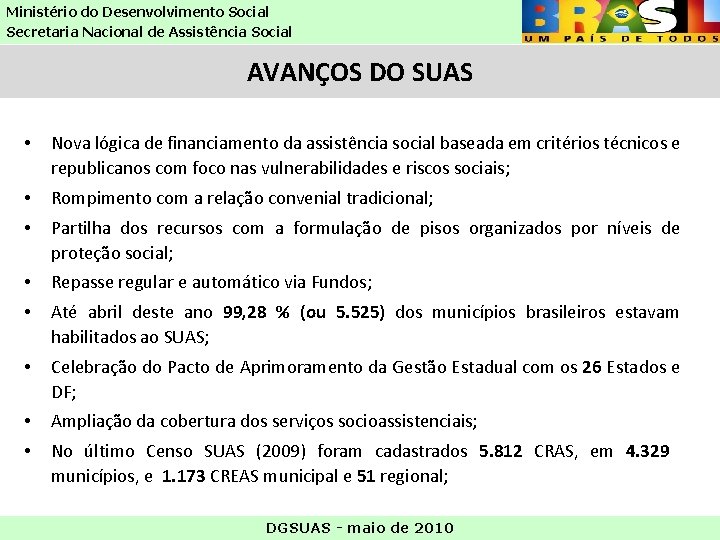 Ministério do Desenvolvimento Social Secretaria Nacional de Assistência Social AVANÇOS DO SUAS • Nova