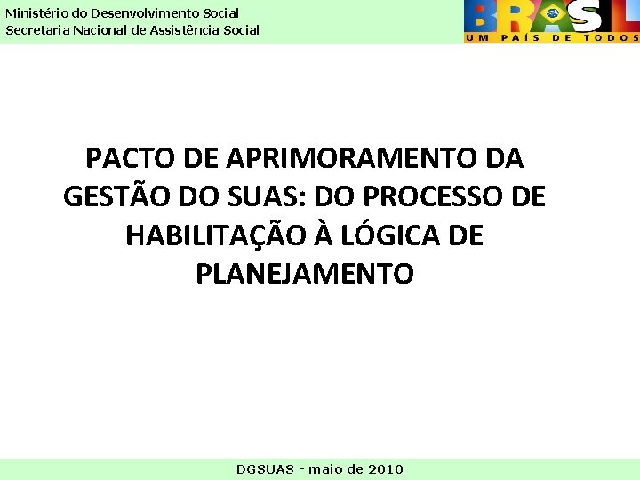 Ministério do Desenvolvimento Social Secretaria Nacional de Assistência Social PACTO DE APRIMORAMENTO DA GESTÃO