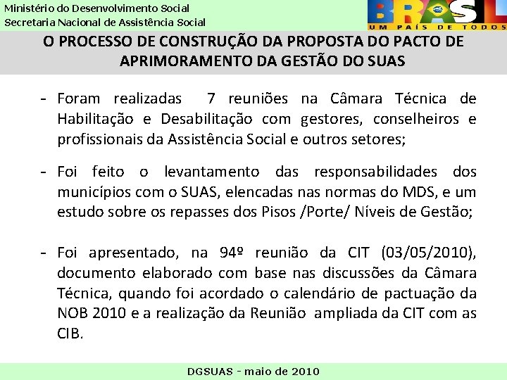 Ministério do Desenvolvimento Social Secretaria Nacional de Assistência Social O PROCESSO DE CONSTRUÇÃO DA