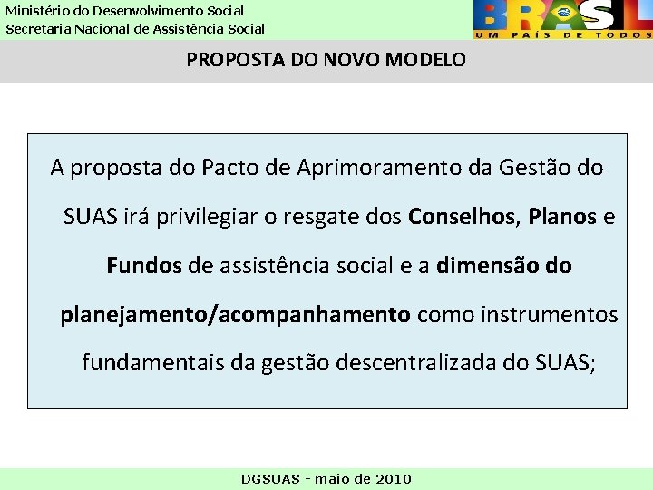 Ministério do Desenvolvimento Social Secretaria Nacional de Assistência Social PROPOSTA DO NOVO MODELO A