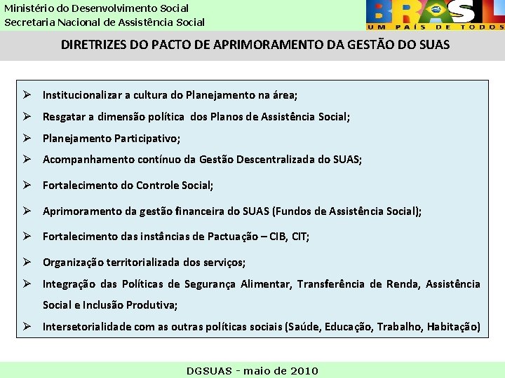 Ministério do Desenvolvimento Social Secretaria Nacional de Assistência Social DIRETRIZES DO PACTO DE APRIMORAMENTO