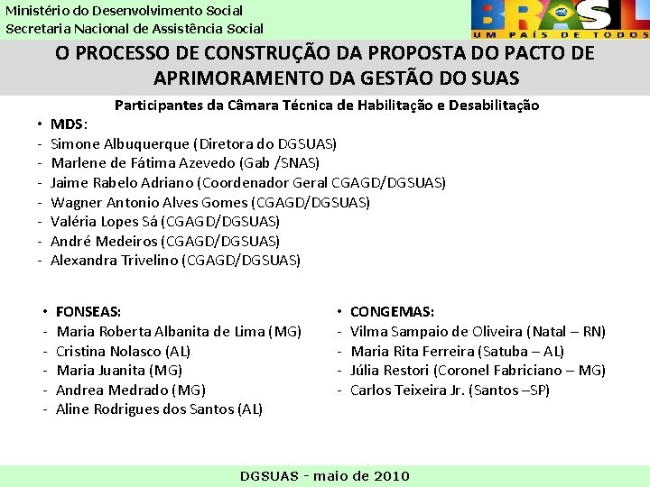 Ministério do Desenvolvimento Social Secretaria Nacional de Assistência Social O PROCESSO DE CONSTRUÇÃO DA