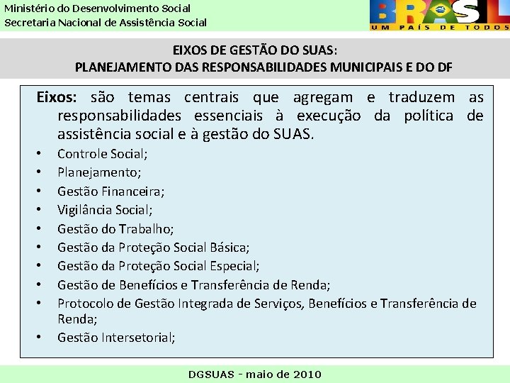 Ministério do Desenvolvimento Social Secretaria Nacional de Assistência Social EIXOS DE GESTÃO DO SUAS: